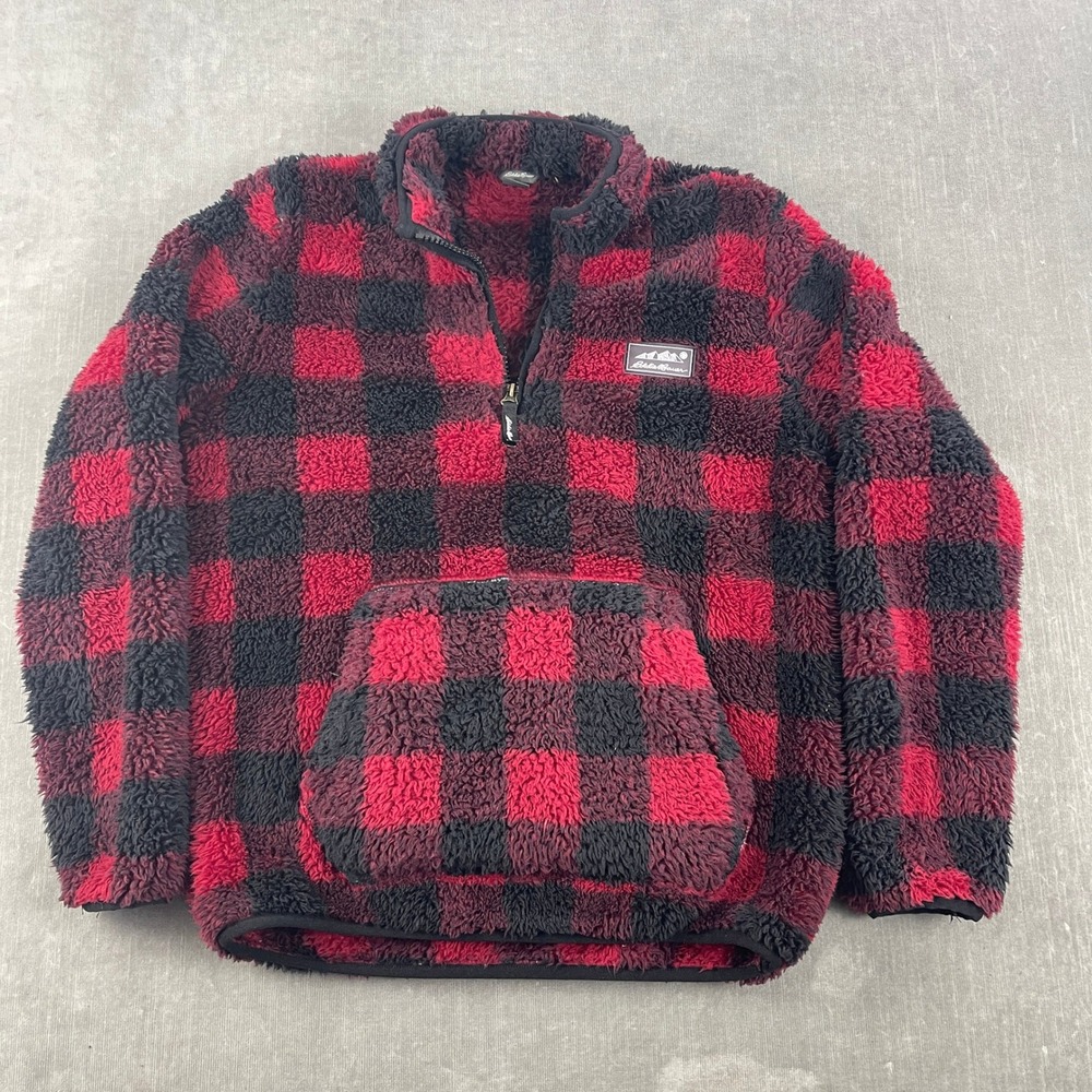 Eddie Bauer Kids M 10-12 Red Buffalo Plaid Fleece Pullover Quarter Zip